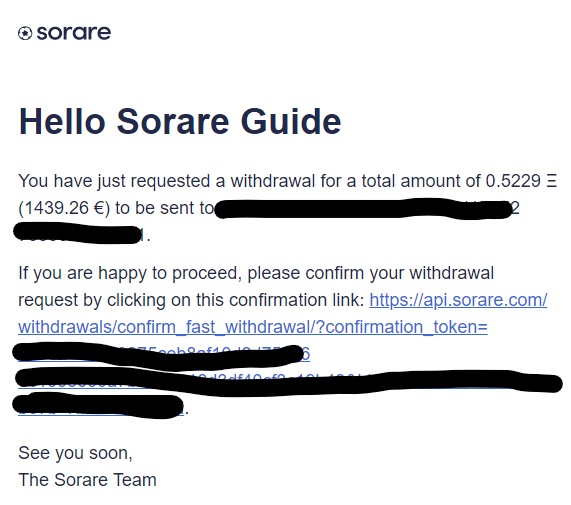 Sorare Withdraw Confirmation Email