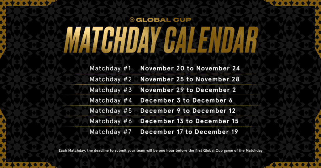 Match Day Calendar for Sorare Global Cup